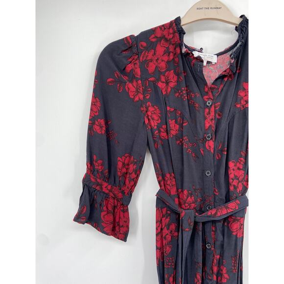 Marissa Webb Collective Navy Red Floral Print Belted Button Front Shirt Dress - Picture 4 of 7